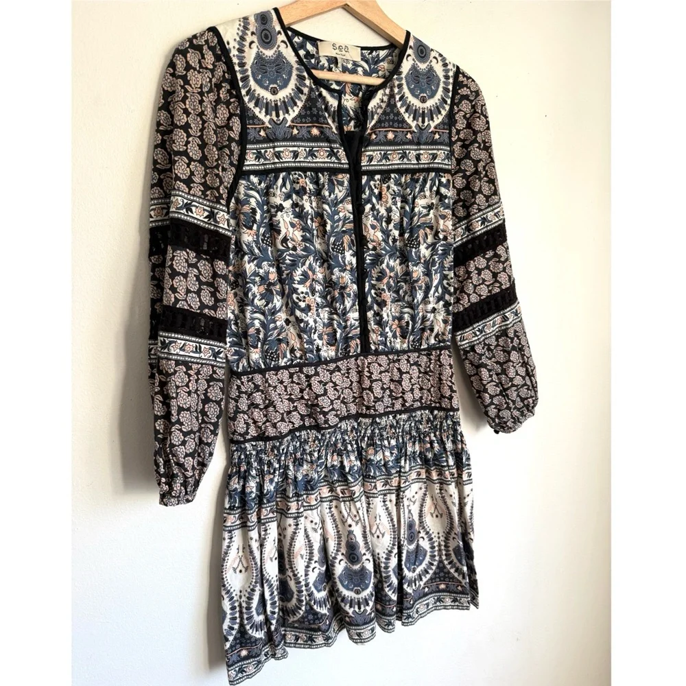 Sea NY • Gemma Long Sleeve Peasant Dress in Blue - Picture 7 of 9